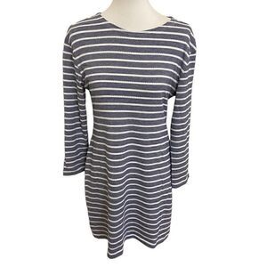Sail to Sable Navy Blue & White Striped Shift Dress Nautical 3/4 Sleeves Medium